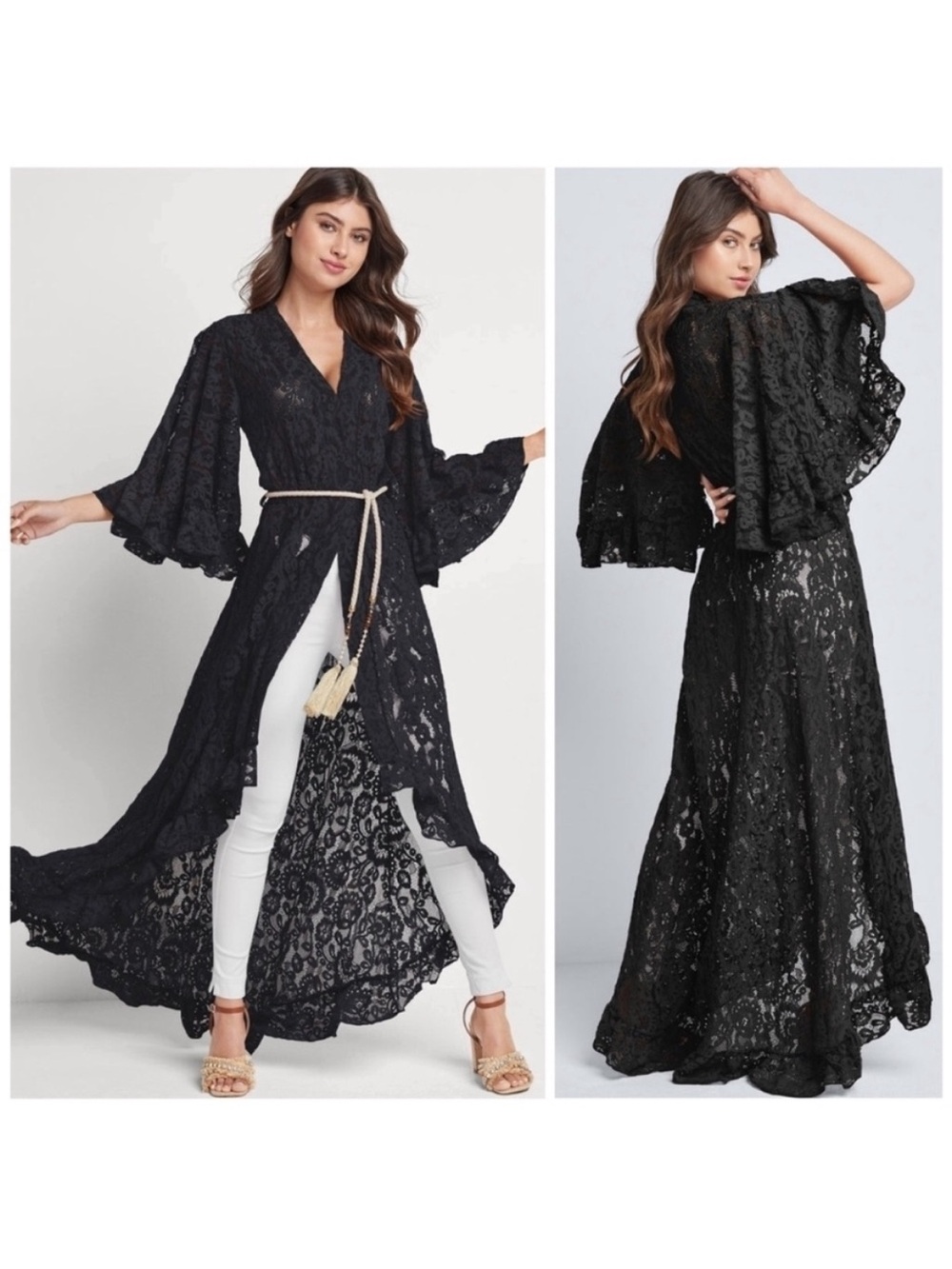 🦋VENUS Black Lace Maxi Kimono with Flowing Bell Sleeves